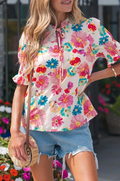 Floral Print Ruched Short Sleeve Blouse