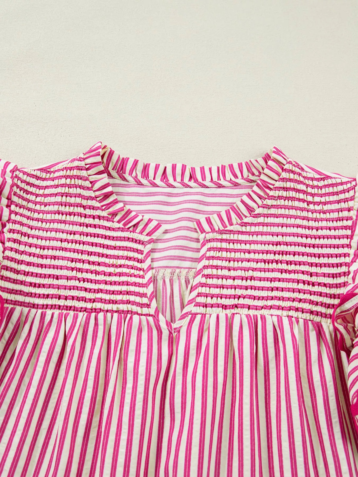 Stripe Shirred Yoke Ruffled Short Sleeve Blouse