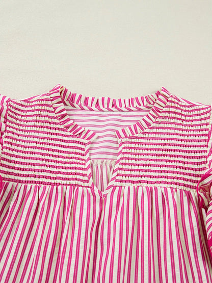 Stripe Shirred Yoke Ruffled Short Sleeve Blouse