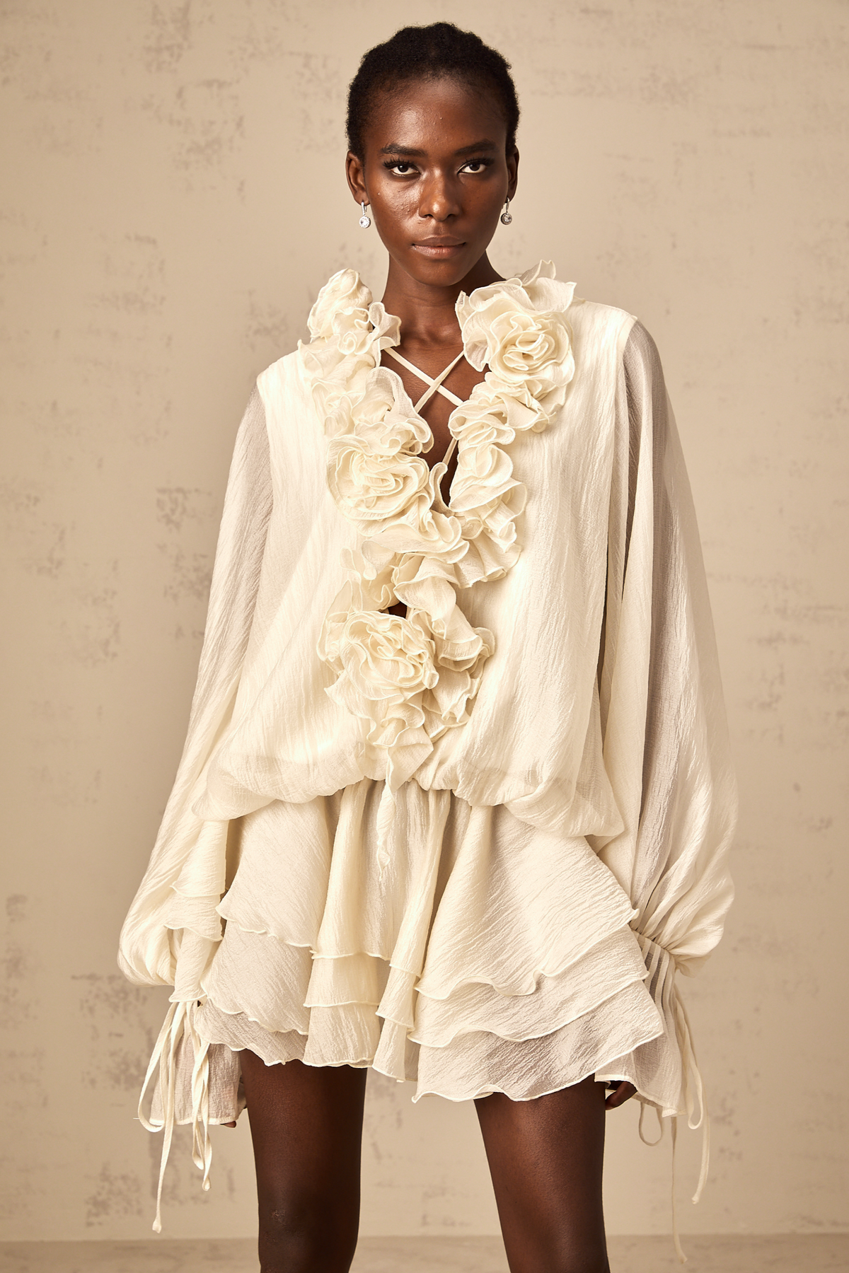Zéphyrine floral-appliqué tiered mini dress in Neutrals