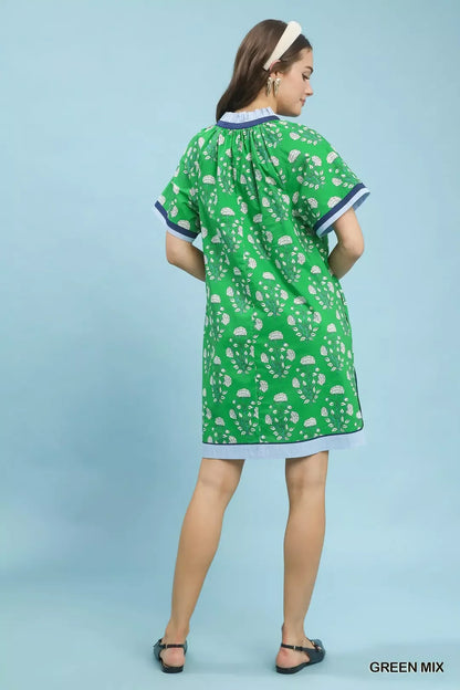Umgee Printed Split Neck Short Sleeve Shift Dress
