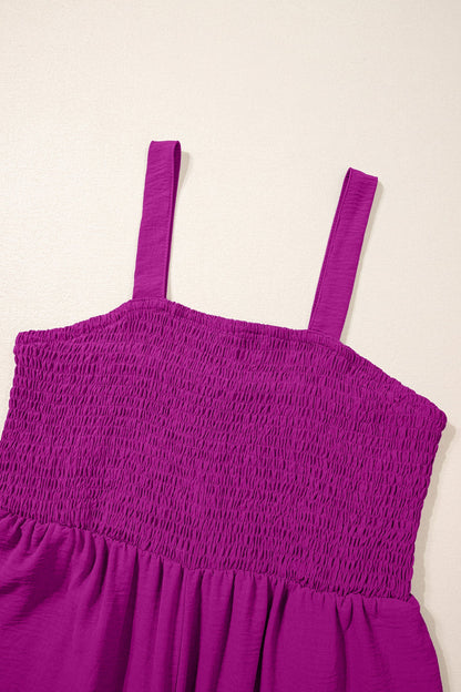 Purple Orchid Smocked Square Neck Sleeveless Jumpsuit with Pockets