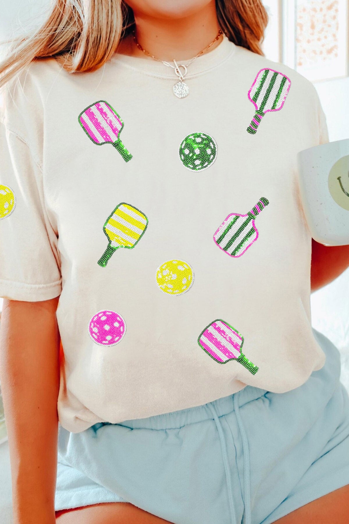 White Sequin Pickleball Graphic Casual T Shirt