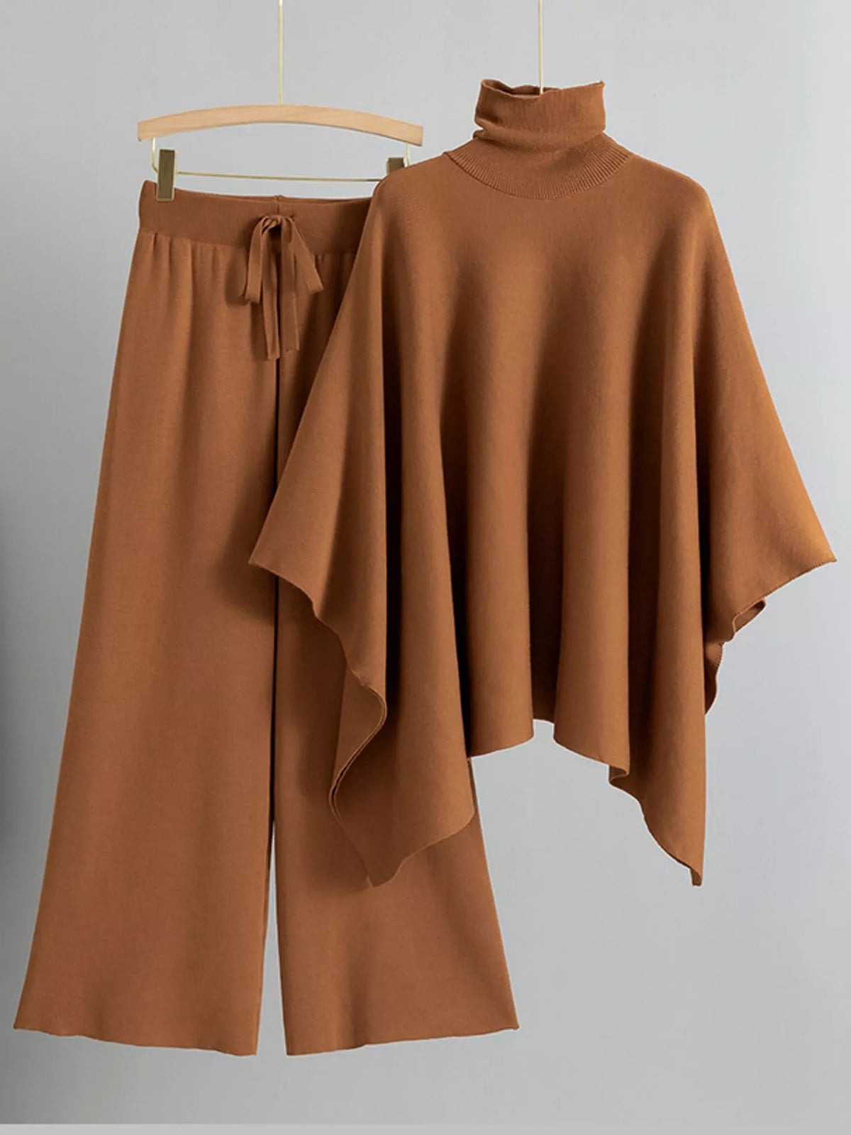 Turtleneck Poncho Pants Set with Wide-Leg Knit Pants