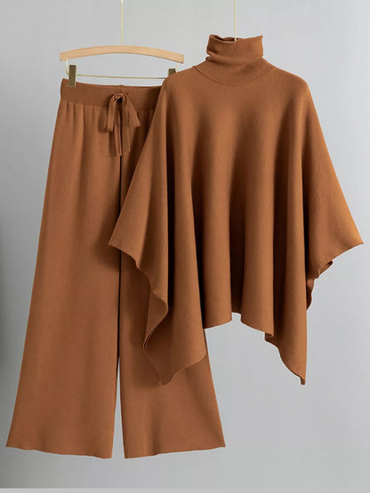 Turtleneck Poncho Pants Set with Wide-Leg Knit Pants