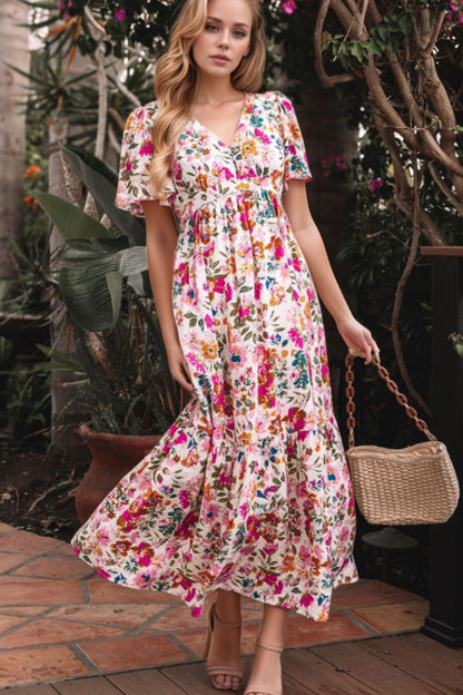Floral Short Sleeve V Neck Dress with Pockets