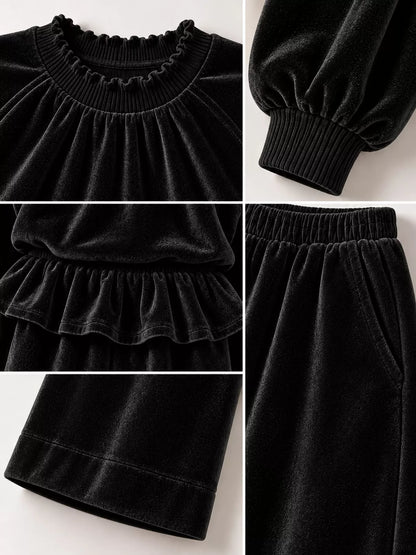 Velvet Ruffled Hem Top and Wide-Leg Pants Set