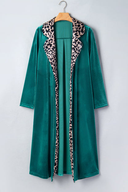 Skobeloff Velvet Contrast Leopard Print Lapel Collar Open Front Cardigan