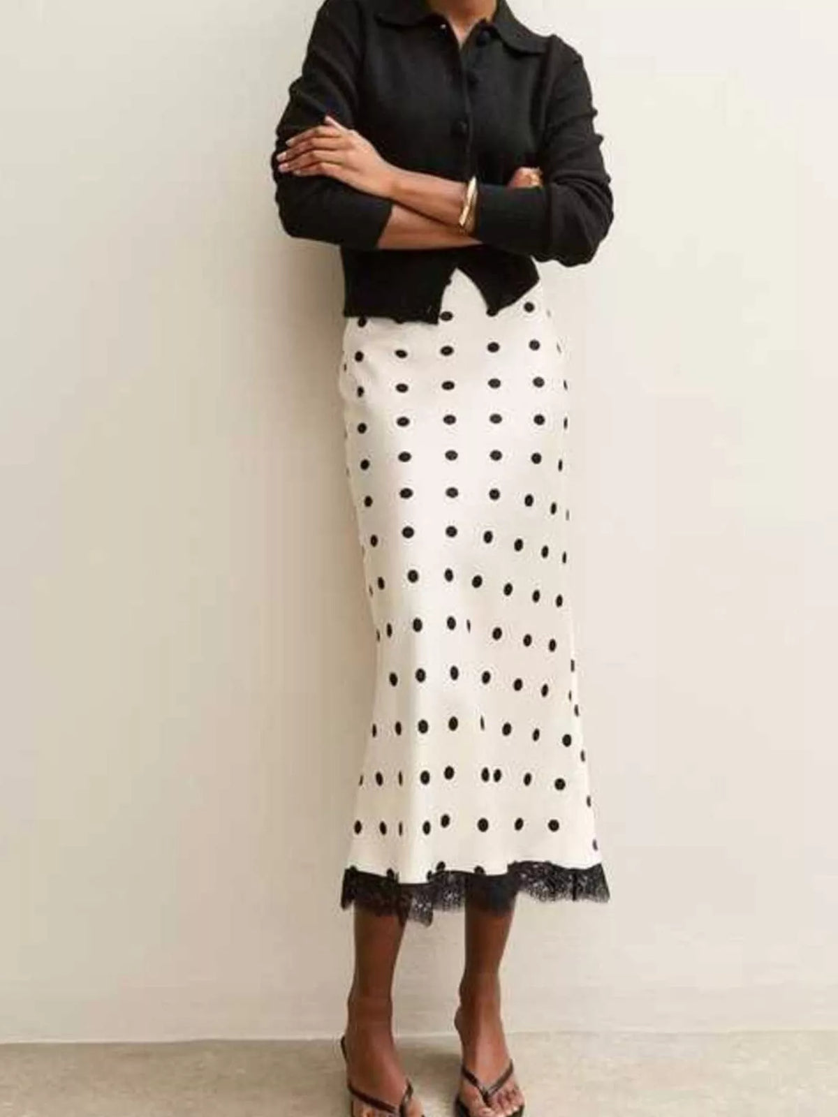 Polka Dot Midi Skirt with Lace Trim