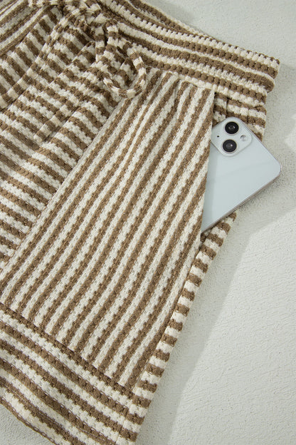 Brown Stripe Breathable Textured Knit Short 2pcs Set