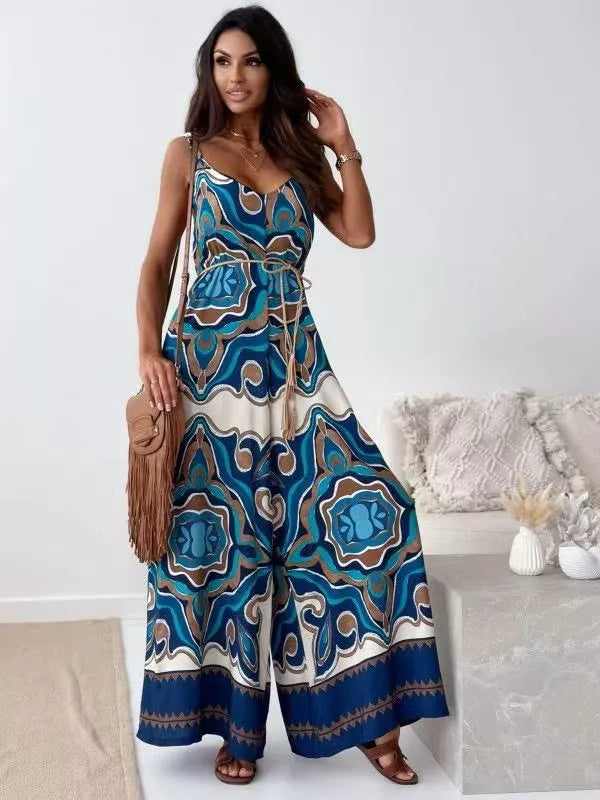 Printed Spaghetti Strap Wide-Leg Jumpsuit