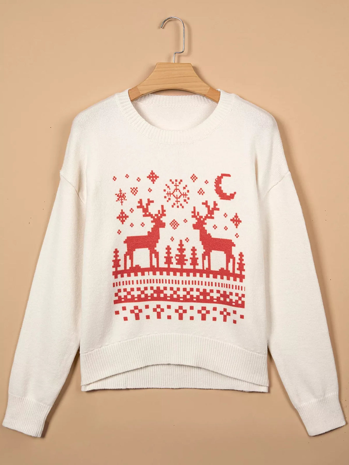 Pixel Snowflake Reindeer Christmas Round Neck Casual Sweater