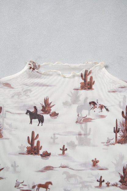 Beige Floral Print Slim Fit Mesh Long Sleeve Mock Neck Top
