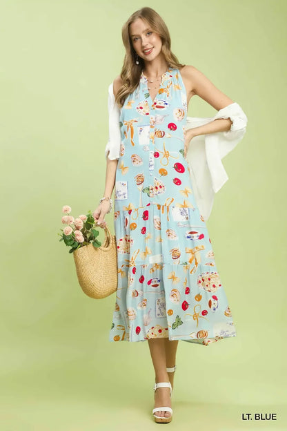 Umgee Abstract Print Tiered Halter Midi Dress