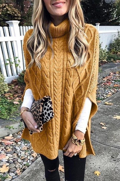 Clidresse Turtleneck Cable Cloak Poncho Sweater
