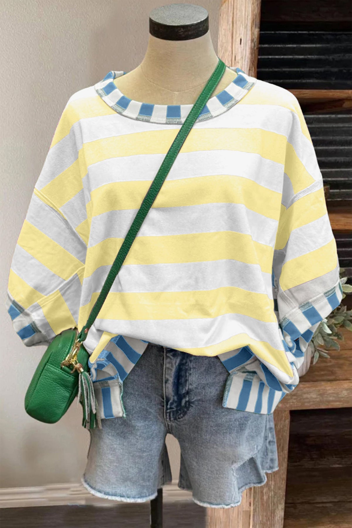 Pink Stripe Exposed Seam Contrast Patchwork Oversized Top