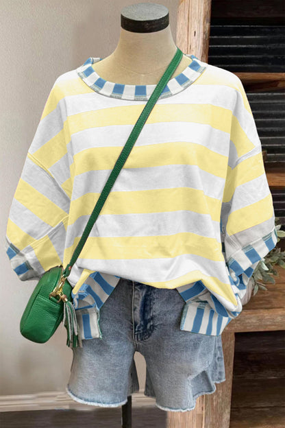 Pink Stripe Exposed Seam Contrast Patchwork Oversized Top