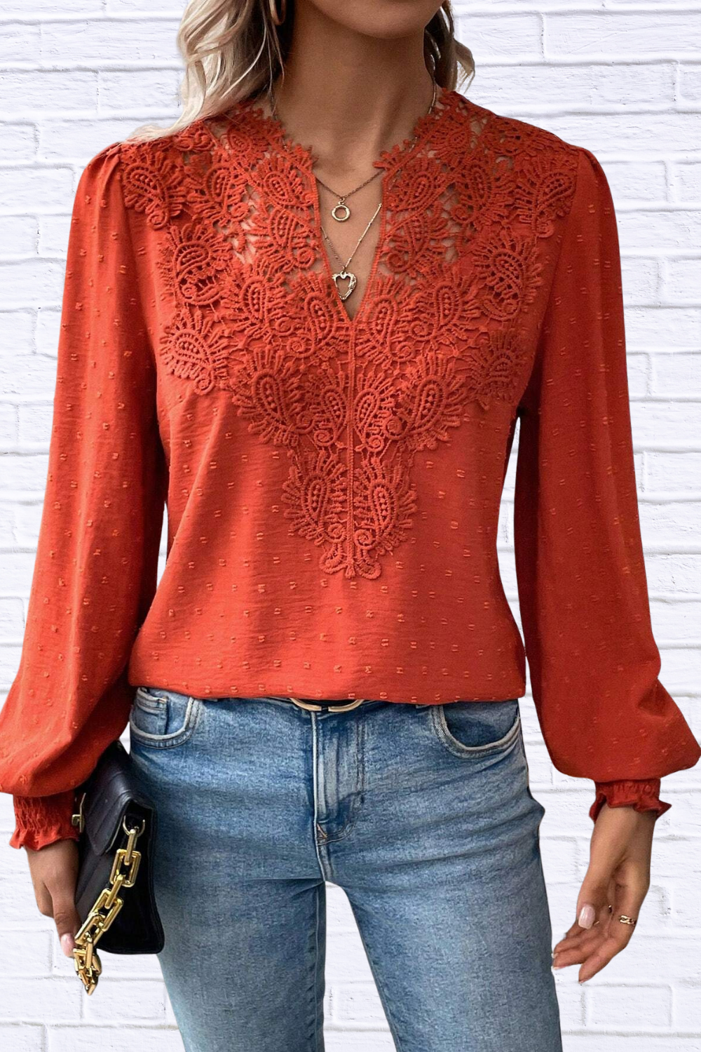 Swiss Dot Lace Detail Long Sleeve Blouse Deep Red S