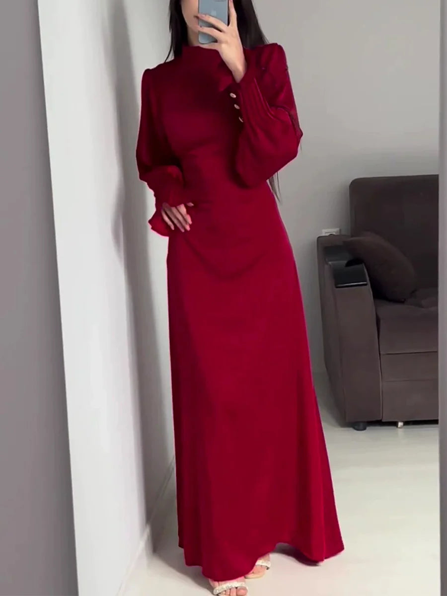 Elegant waisted pleated cuff dress Red