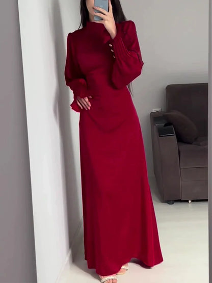 Elegant waisted pleated cuff dress Red