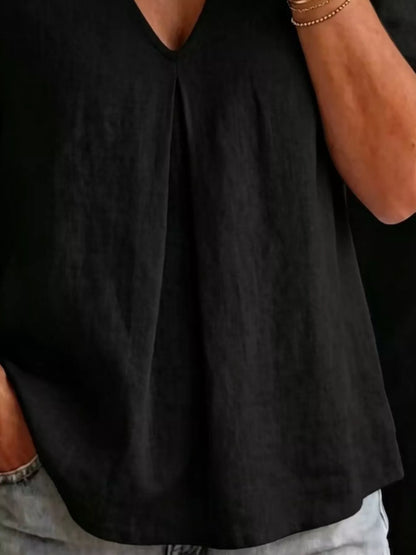 Full Size V-Neck Pleated Short Sleeve Blouse Plus Size