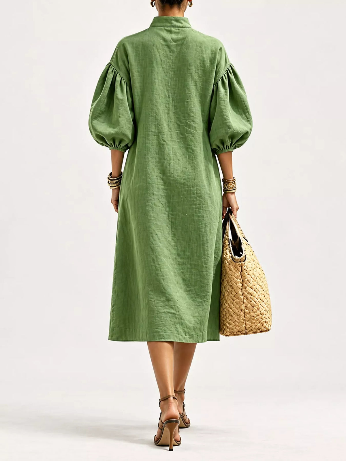 Half-Zip Puff Sleeve Midi Dress