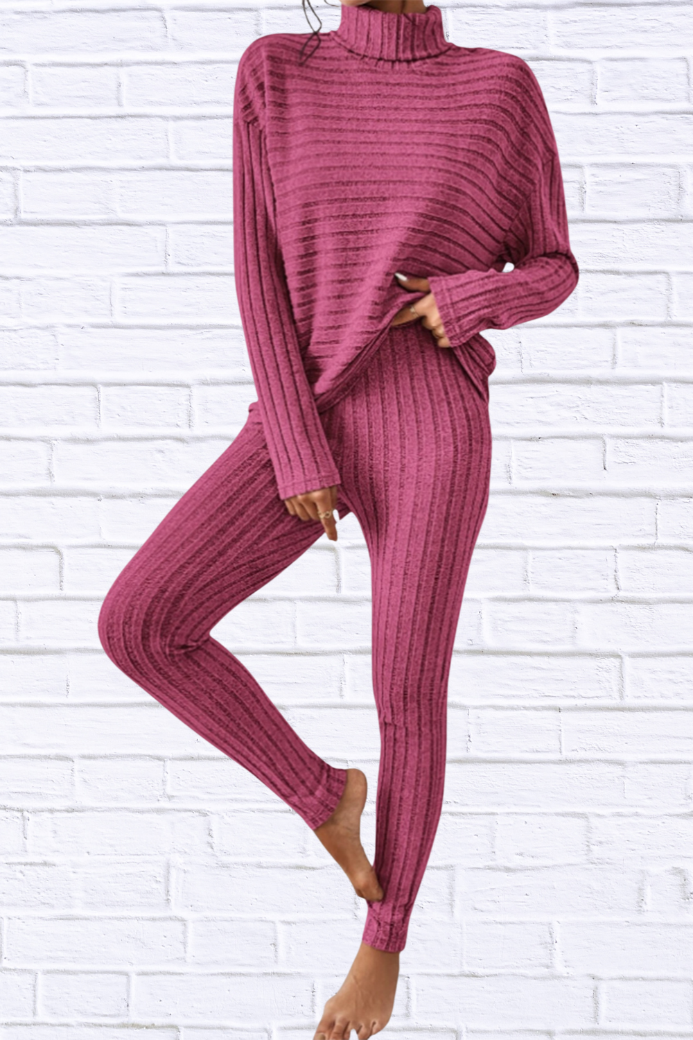 Ribbed Turtleneck Top and Pants Set Hot Pink