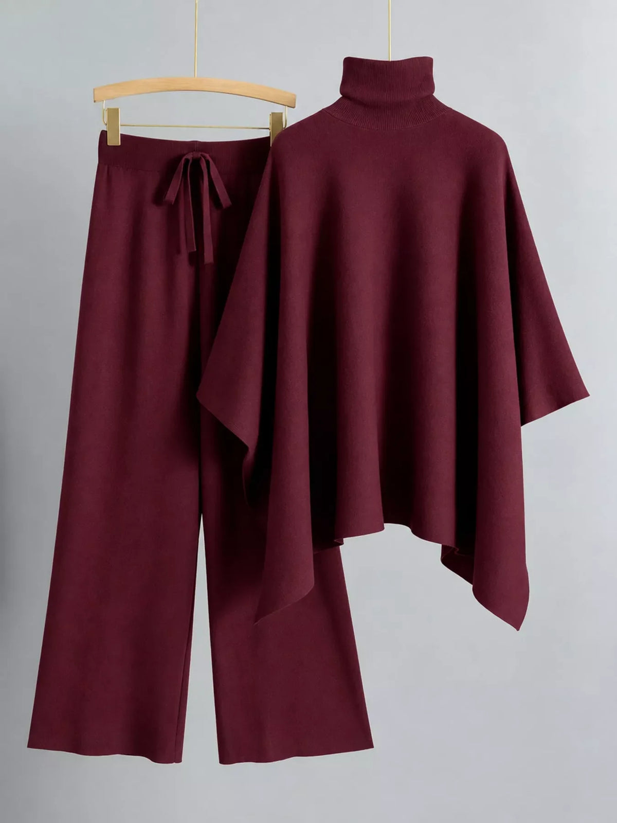 Turtleneck Poncho Pants Set with Wide-Leg Knit Pants