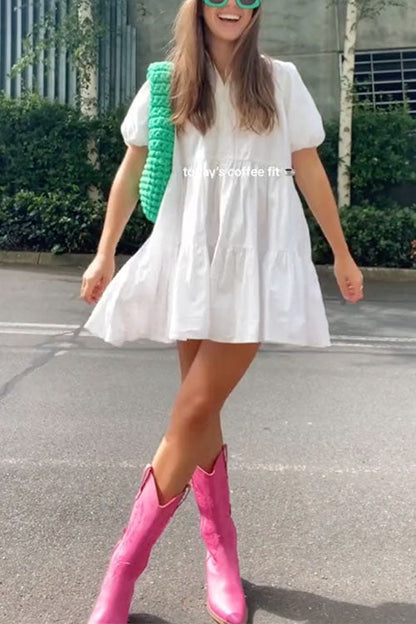 Puff Sleeves Button Down Ruffle Tiered Mini Shirt Dress White
