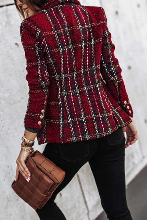 Double Breasted Open Front Plaid Blazer Jacket