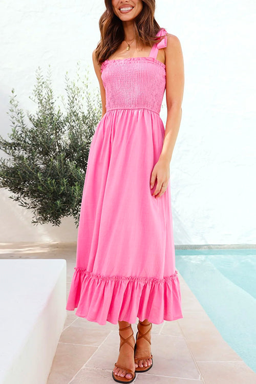 Wide Straps Bow Shoulder Smocked Ruffle Maxi Dress Pink