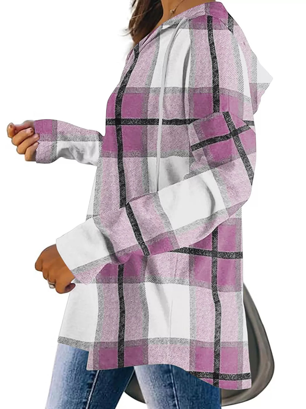 Plaid Long Sleeve Hoodie with Drawstring