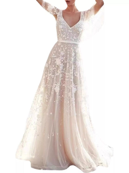 Lace V-Neck Maxi Dress with Flutter Sleeves