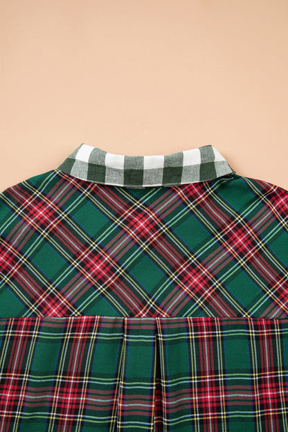 Green Plaid Long Sleeve Shift Plus Size Shirt