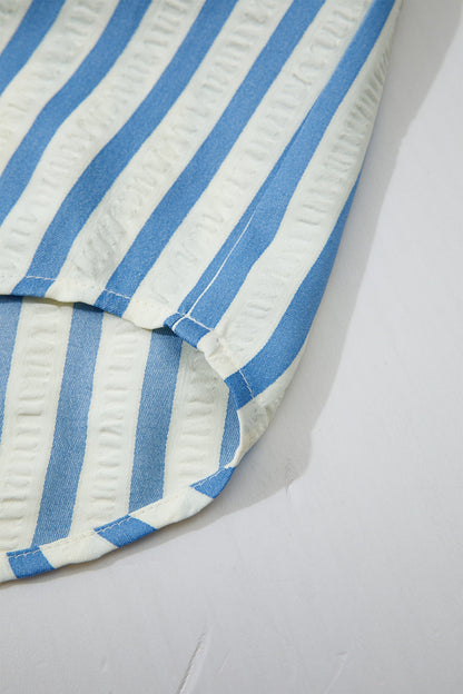 Sky Blue Stripe 3/4 Sleeve Collared Neck Blouse