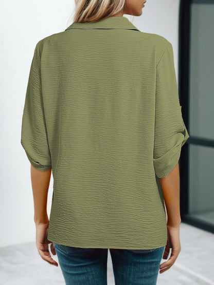 Johnny Collar Roll-Up Sleeve Blouse