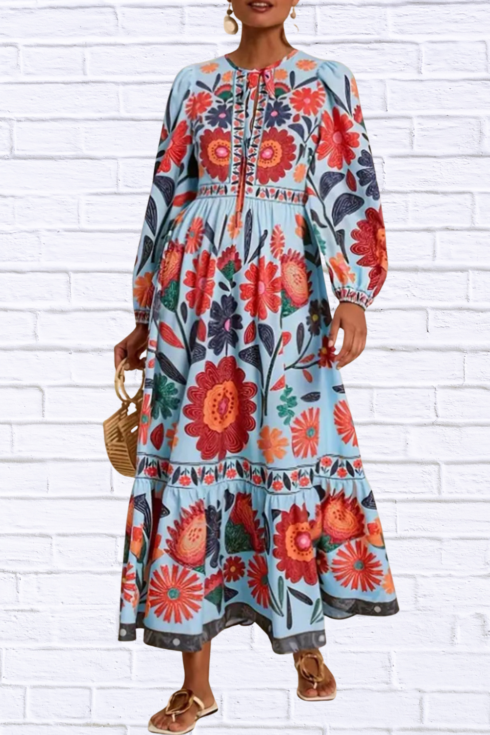 Floral Tie Waist Long Sleeve Dress Color 4