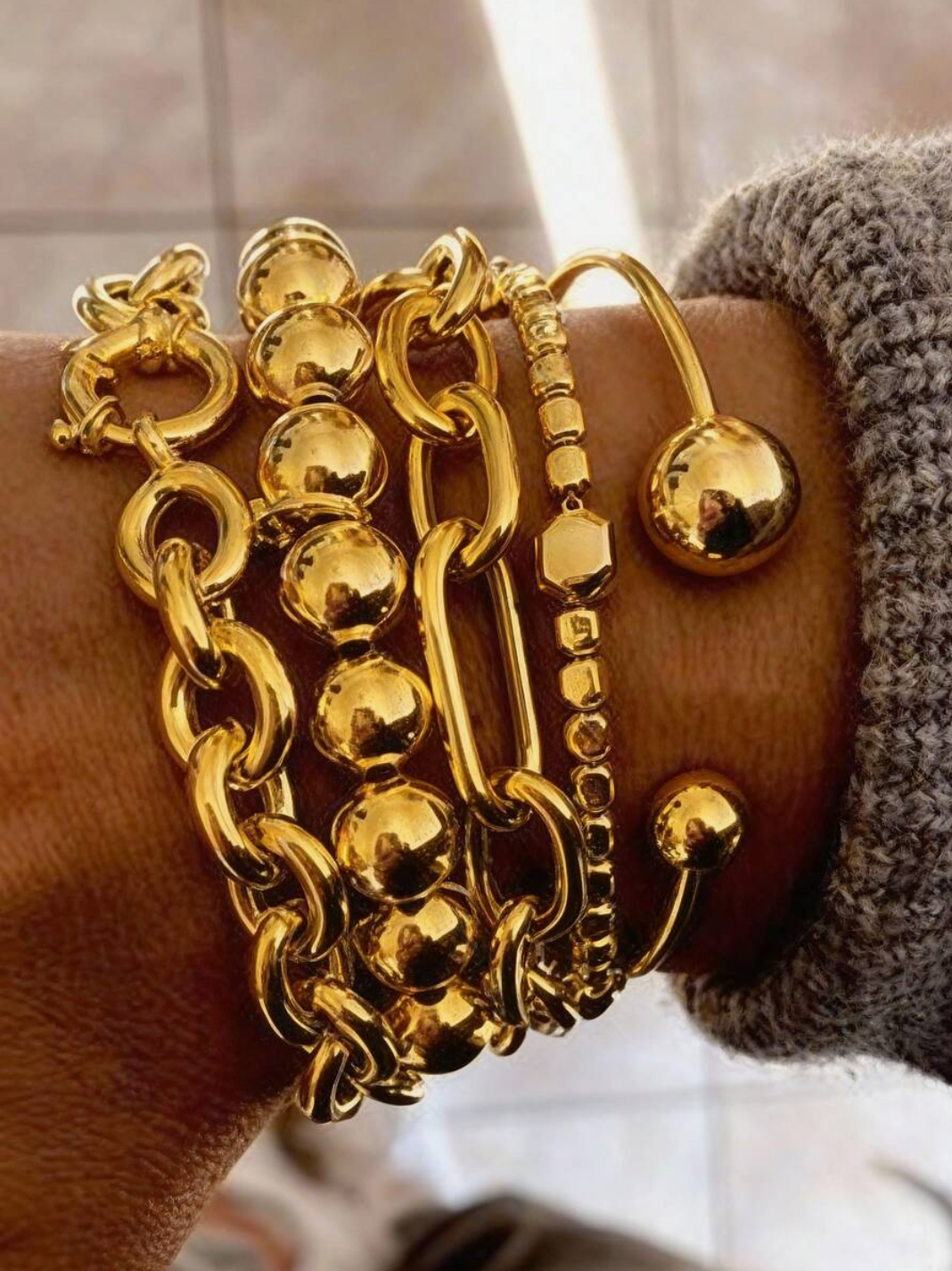 5pcs Vintage Layered Chunky Chain & Bead Bracelet Set