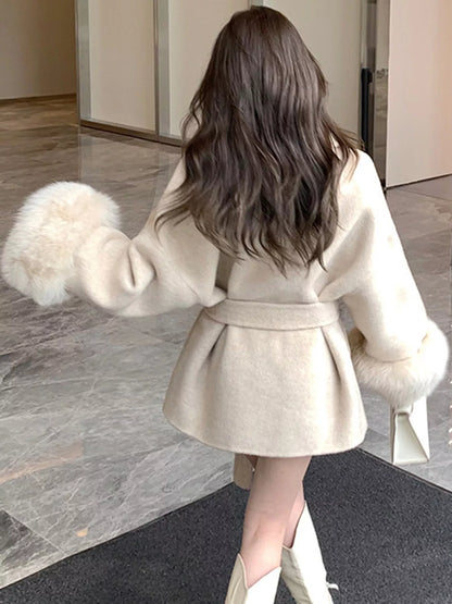 Waist Tie Outerwear with Faux Fur Cuffs