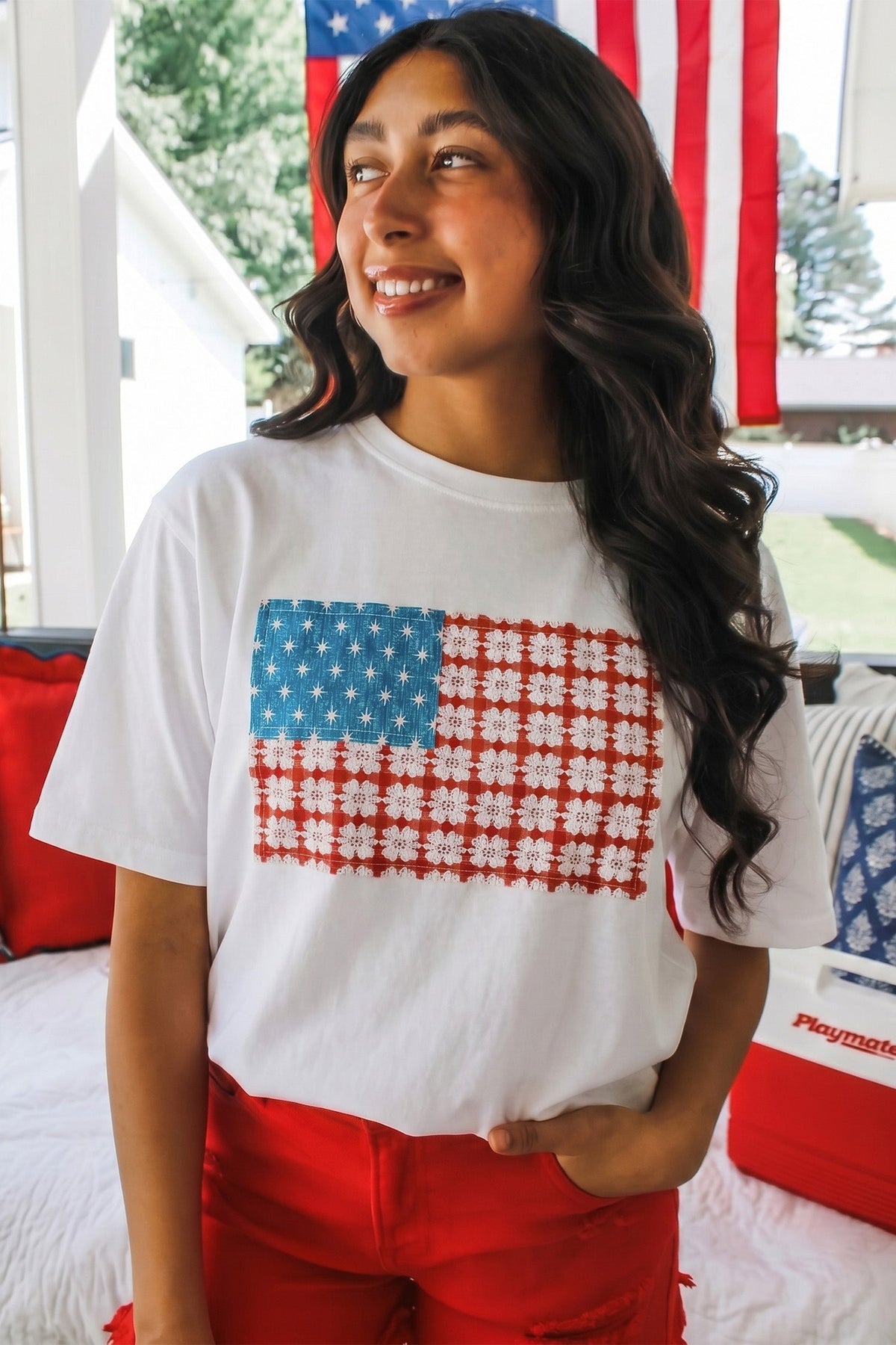 White Fancy Embroidered Patch Flag Casual T Shirt
