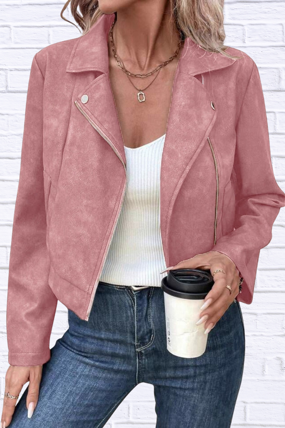 Zip Up Suede Cropped Moto Jacket