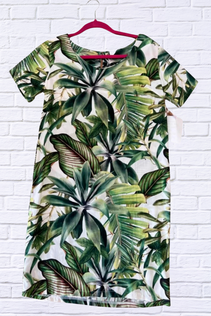 Jenneke Palm Leaf Shift Dress - Palm Green Leafs Printed on a white Back Ground Big Palms