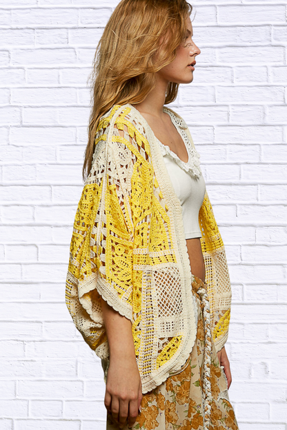 Golden Glow Open Front Crochet Cardigan with Scalloped Edge