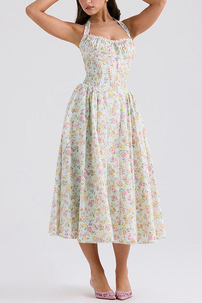 Halter Ruched Waist A-line Printed Midi Sundress