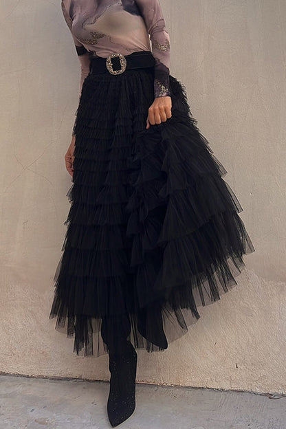 Ruffle Layered Mesh A-line Maxi Skirt Black