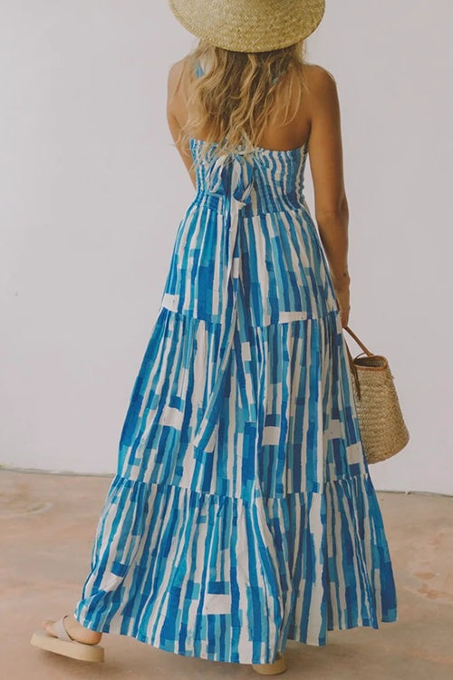 Square Collar Tiered Striped Maxi Cami Dress