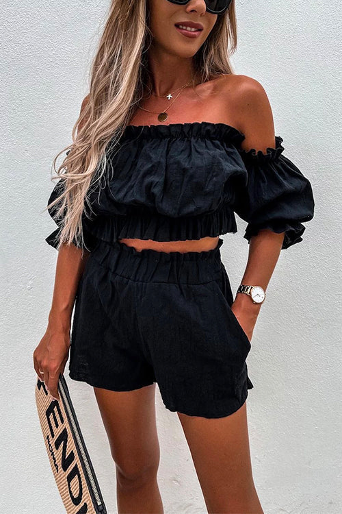 Ruffle Off Shoulder Short Sleeves Crop Top Elastic Waist Shorts Set Black