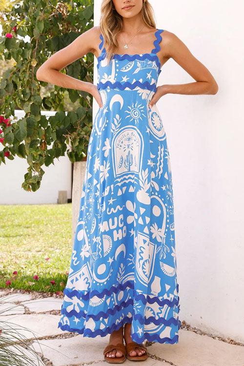 Ric Rac Trim Pocketed Unique Print Maxi Cami Dress