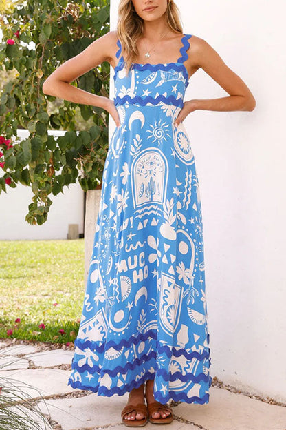 Ric Rac Trim Pocketed Unique Print Maxi Cami Dress