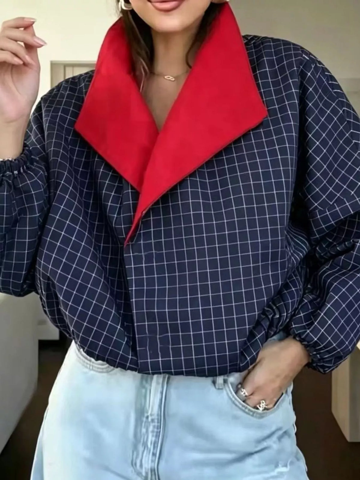 Contrast Lapel Plaid Casual Jacket